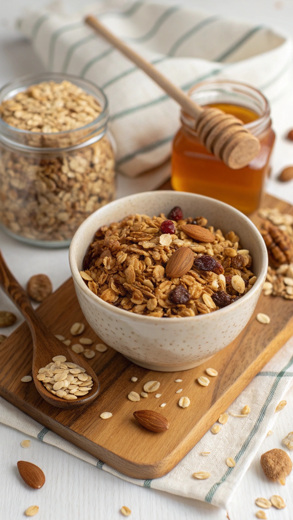 A bowl of traditional oat and honey granola with almonds, surrounded by jars of oats and honey.