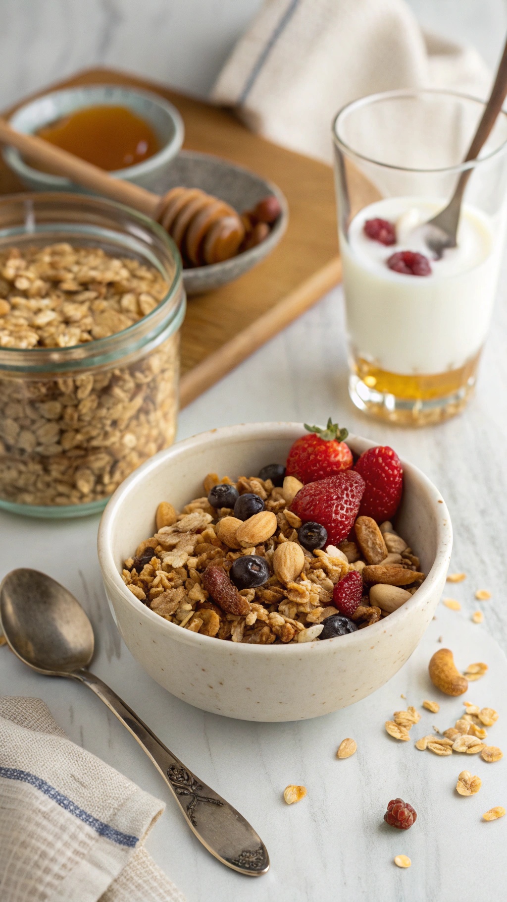 A bowl of crunchy granola topped with berries and nuts, with jars of granola and honey in the background.