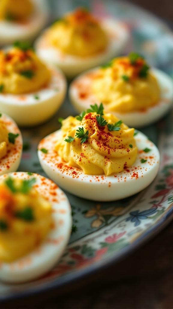 A plate of deviled eggs topped with paprika and herbs, showcasing a healthy twist on a classic party food.