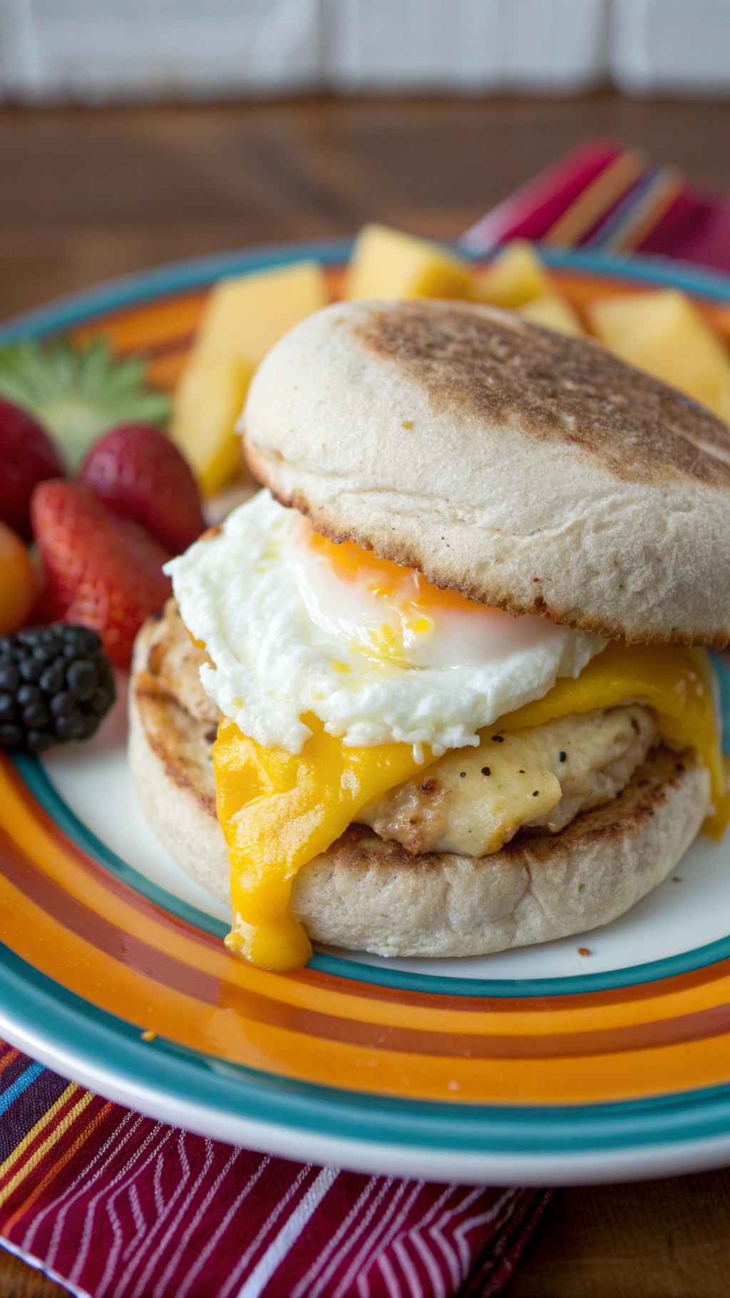 A delicious egg and cheese breakfast sandwich on a plate with fresh fruit.