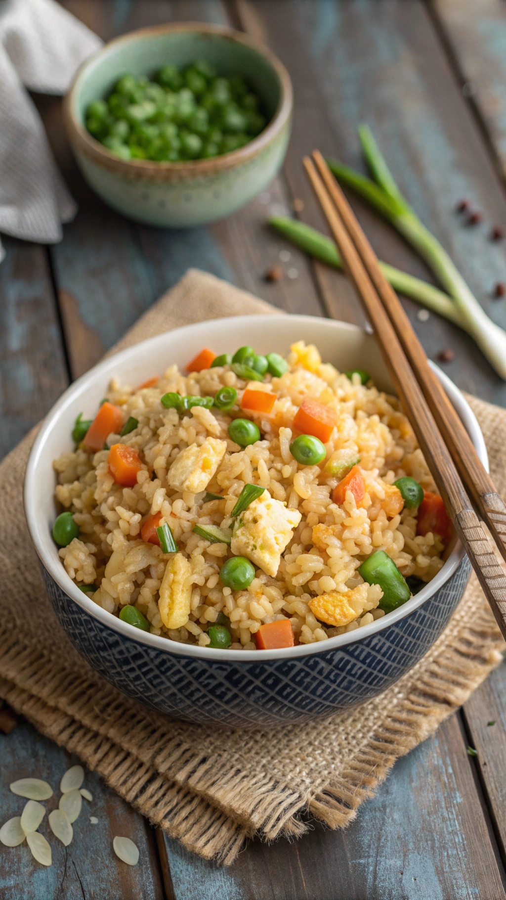 A bowl of egg fried rice with vegetables and green onions, served with chopsticks.