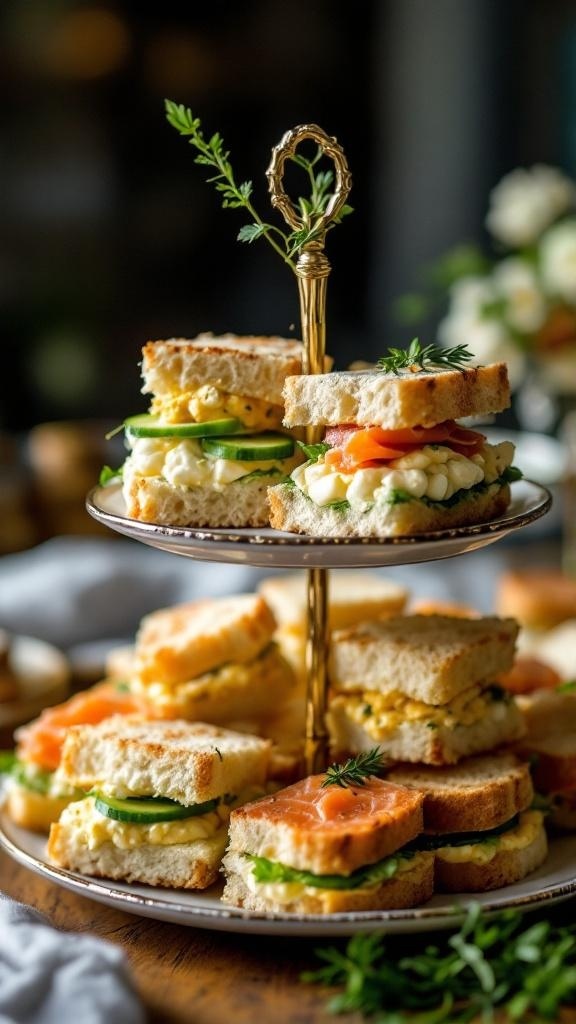 A tiered stand displaying an assortment of classic finger sandwiches with egg salad and smoked salmon.