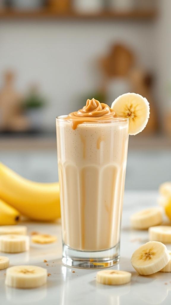 Peanut butter banana smoothie in a glass with banana slices around it.