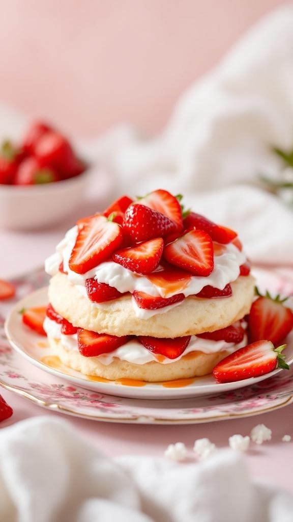 A beautiful healthy strawberry shortcake with layers of fluffy cake, fresh strawberries, and whipped cream.