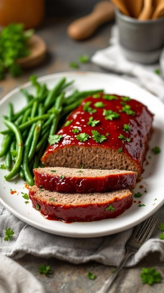 A delicious keto meatloaf served with green beans, garnished with fresh herbs.