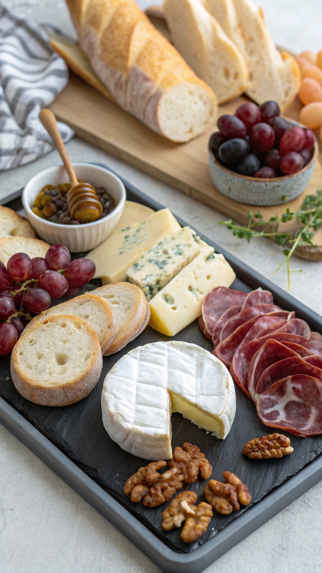 A classic French cheese board featuring Brie, blue cheese, aged Gouda, prosciutto, fresh grapes, figs, honey, and sliced baguette.