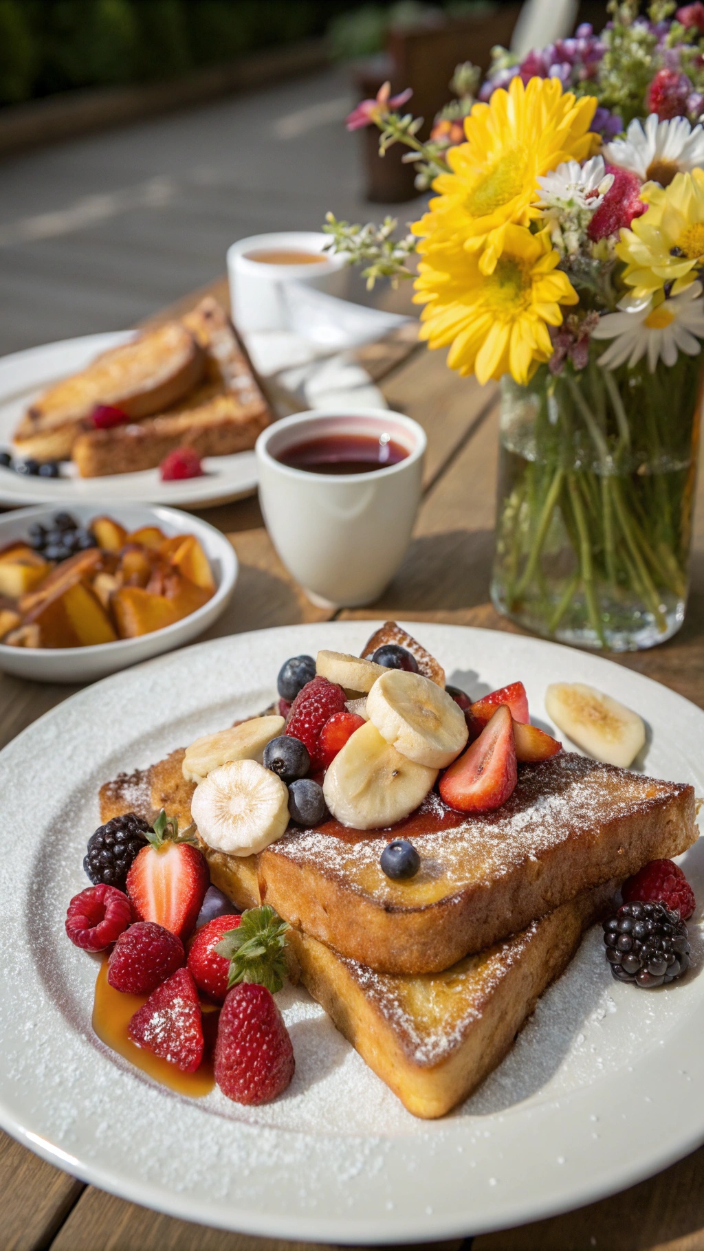 A plate of classic French toast topped with fresh fruits and syrup, accompanied by a cup of coffee and a vase of flowers.