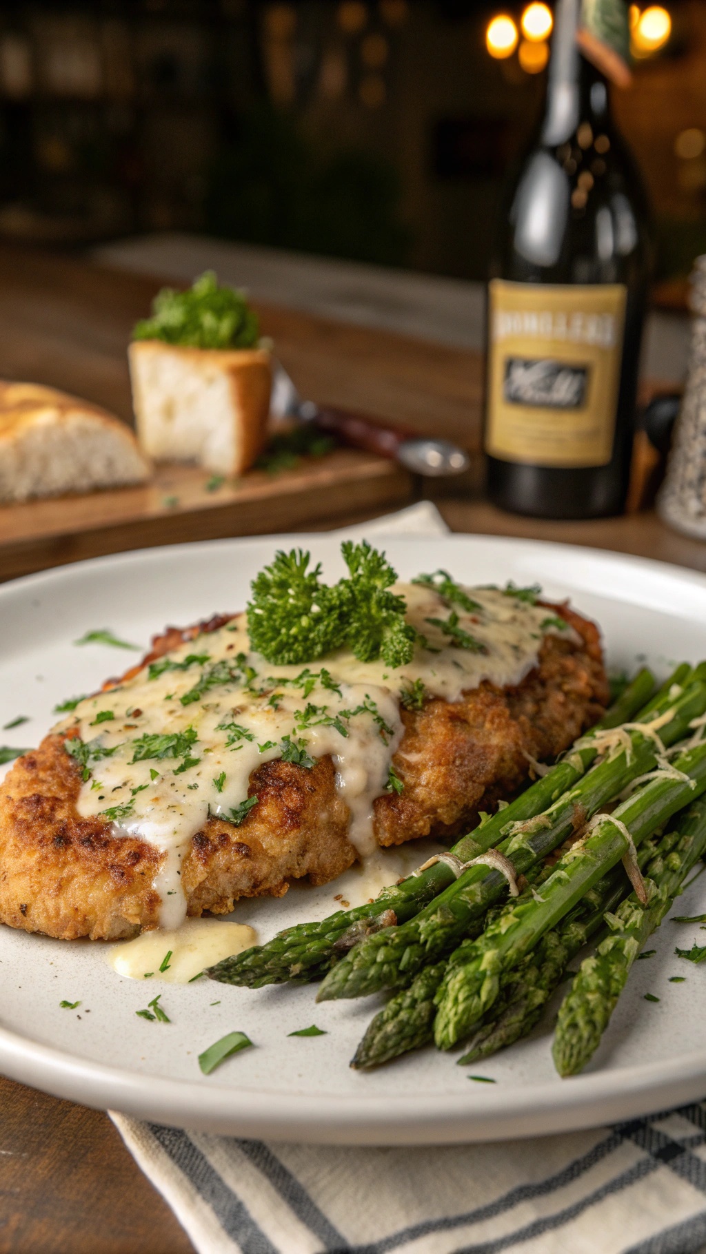 A plate of garlic parmesan chicken breast served with asparagus and garnished with parsley.