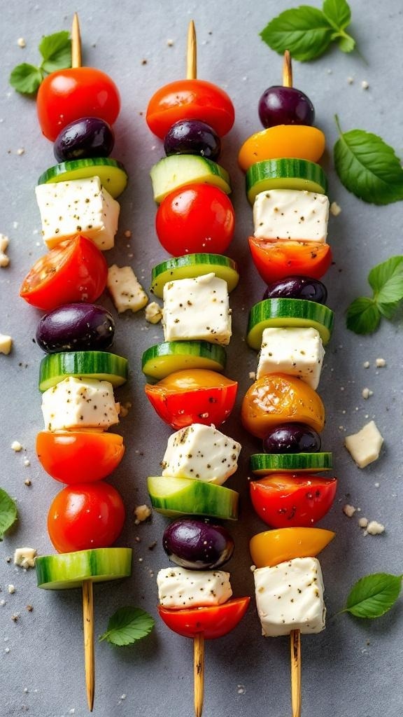 Greek salad skewers with cherry tomatoes, cucumbers, feta cheese, and olives against a bright blue sky.
