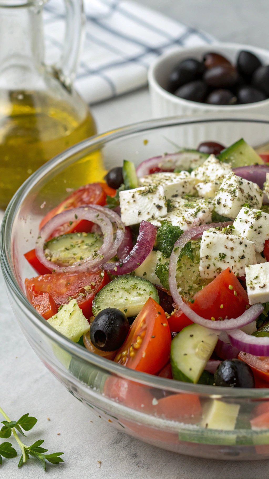 A colorful Greek salad with tomatoes, cucumbers, red onions, olives, and feta cheese, drizzled with olive oil.