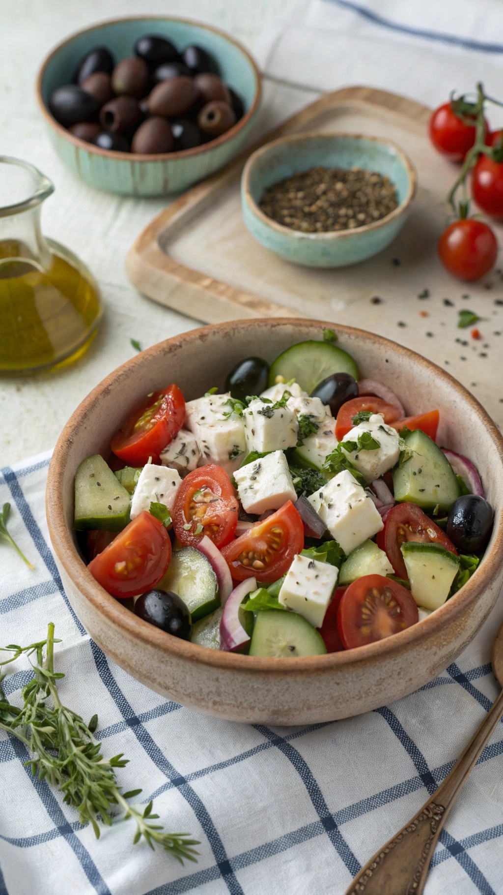 A bowl of classic Greek salad with cucumbers, tomatoes, feta cheese, and olives.