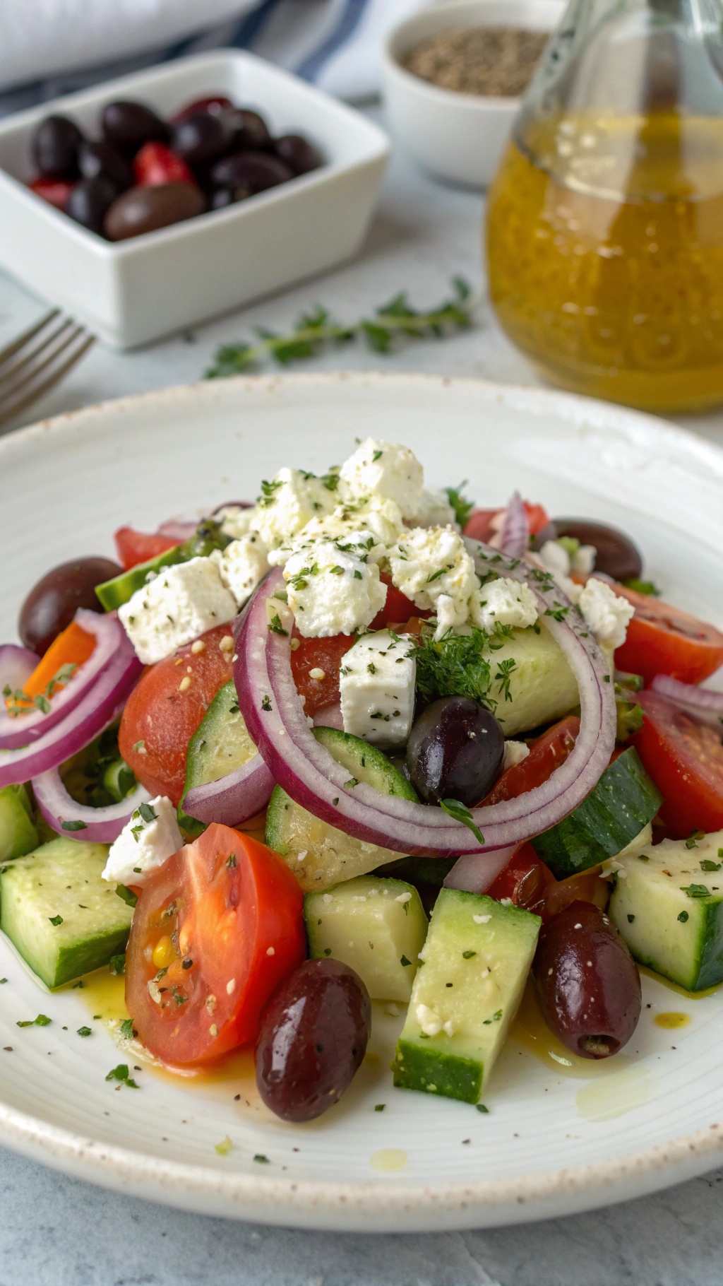 A colorful Greek salad with tomatoes, cucumbers, red onion, feta cheese, and olives.