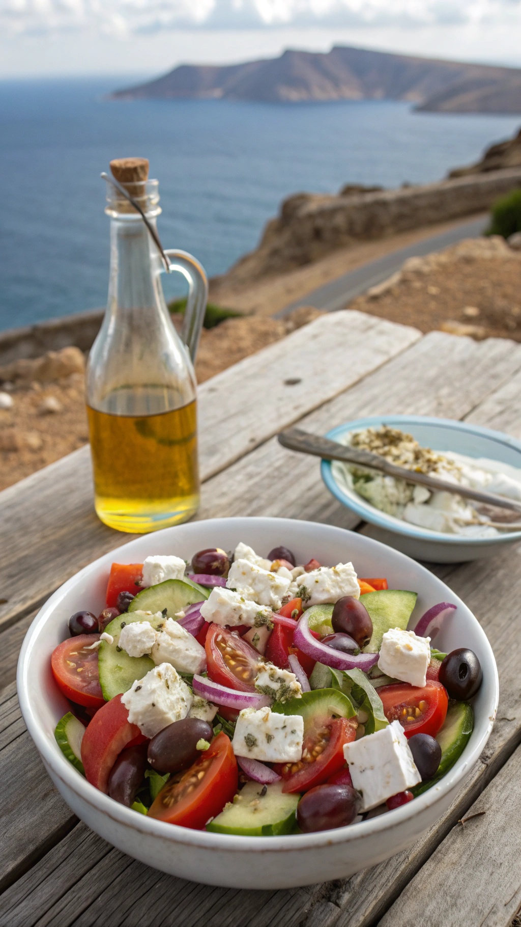 A colorful Greek salad with tomatoes, cucumbers, olives, and feta cheese, set against a beautiful seaside backdrop.