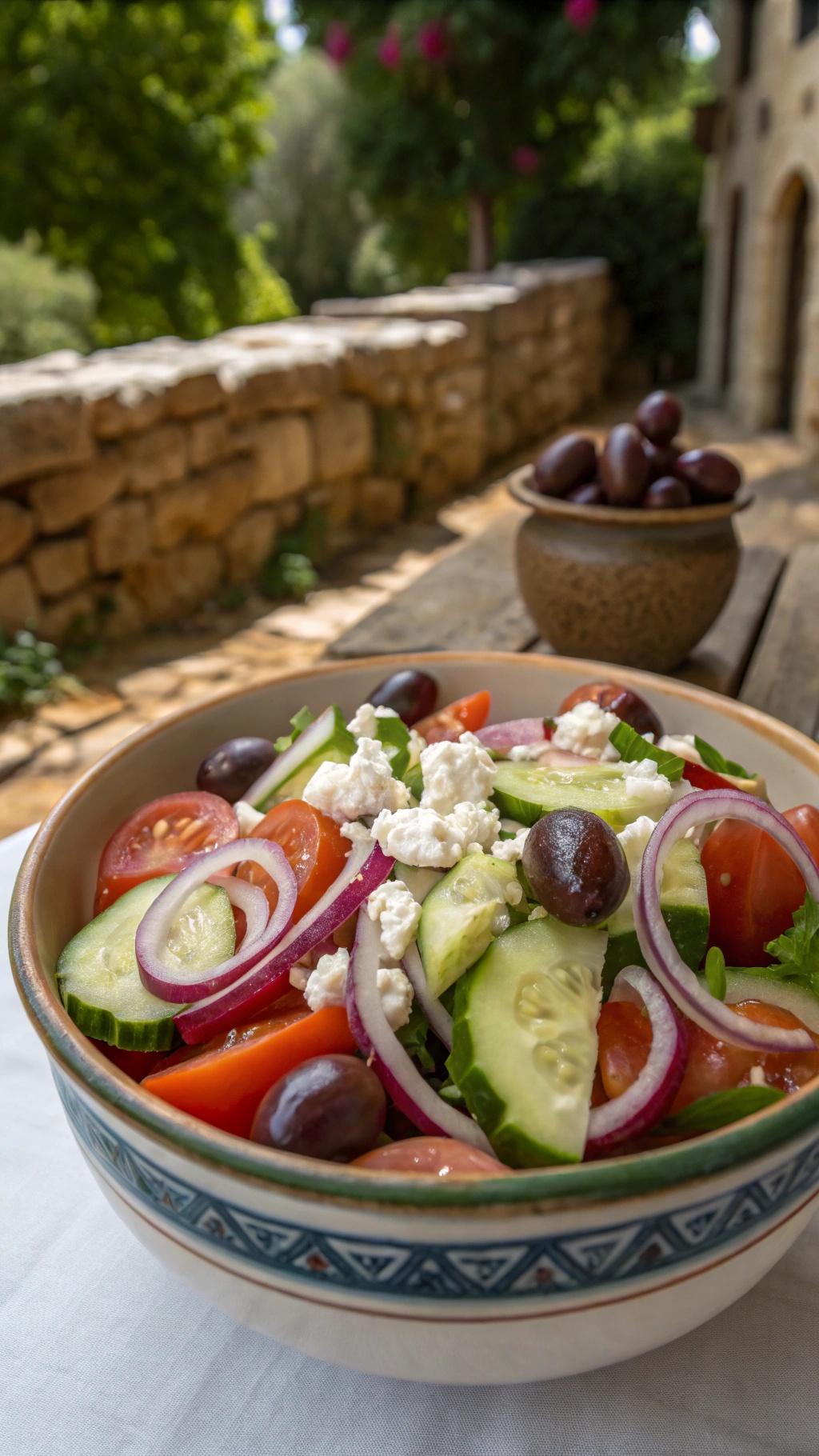 A bowl of classic Greek salad with cucumbers, tomatoes, red onions, olives, and feta cheese.