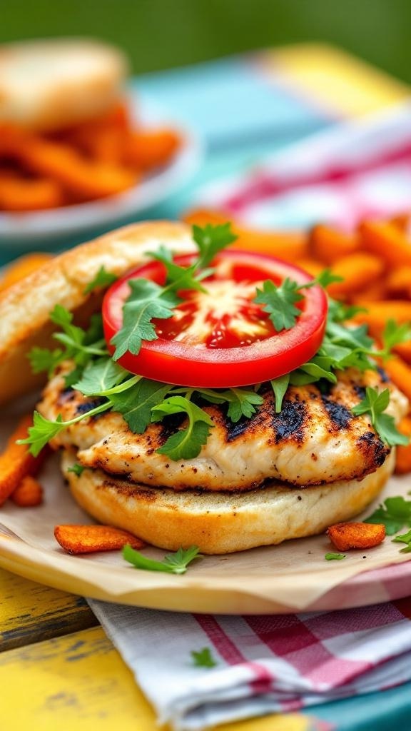 A classic grilled chicken sandwich with fresh greens and tomato, served with sweet potato fries.