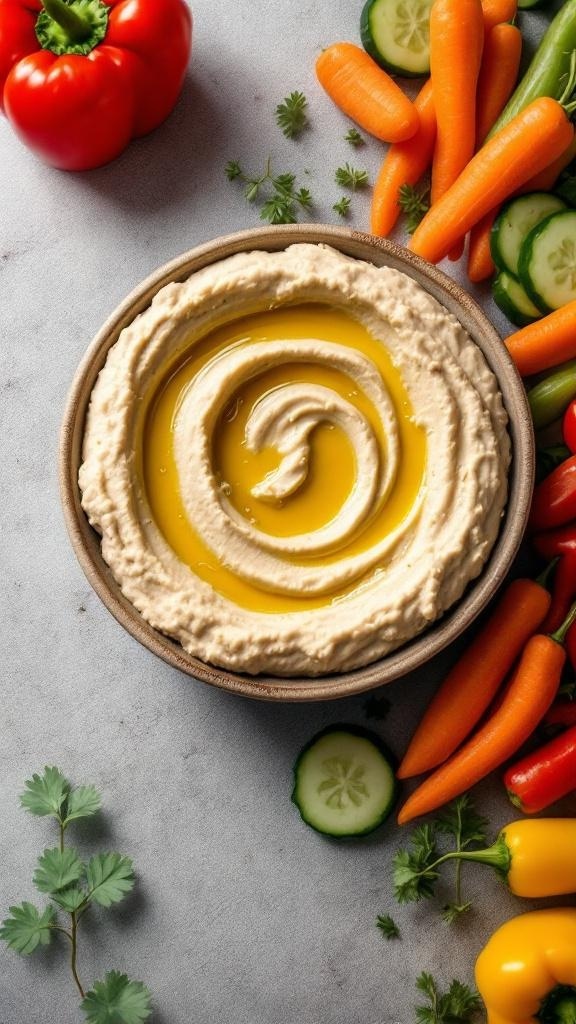 A bowl of hummus with olive oil on top, surrounded by fresh vegetables like carrots, cucumbers, and bell peppers.