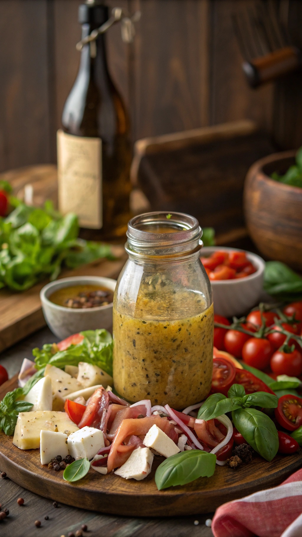 A jar of classic Italian dressing surrounded by fresh ingredients like tomatoes, lettuce, and cheese.