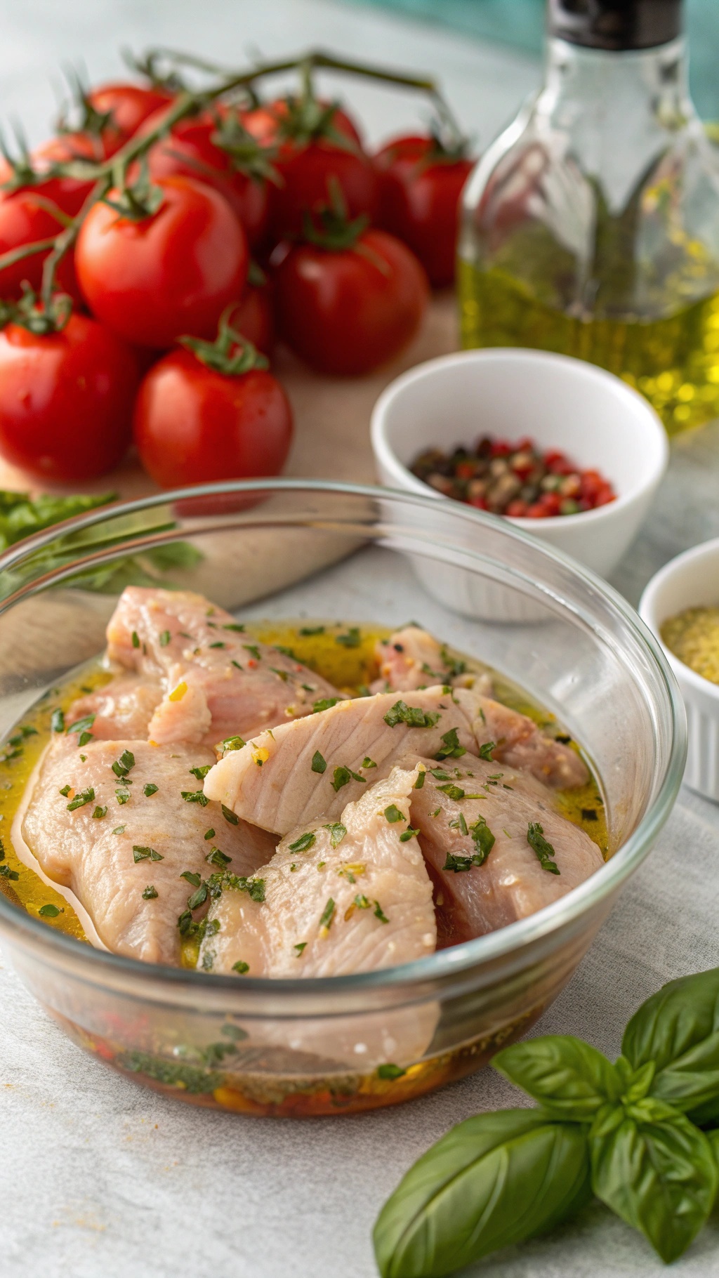Marinated chicken breast in a bowl with herbs and spices, surrounded by fresh tomatoes and olive oil.