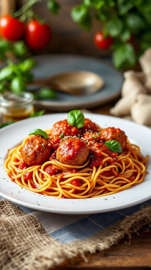 A plate of spaghetti topped with meatballs and tomato sauce, garnished with basil.