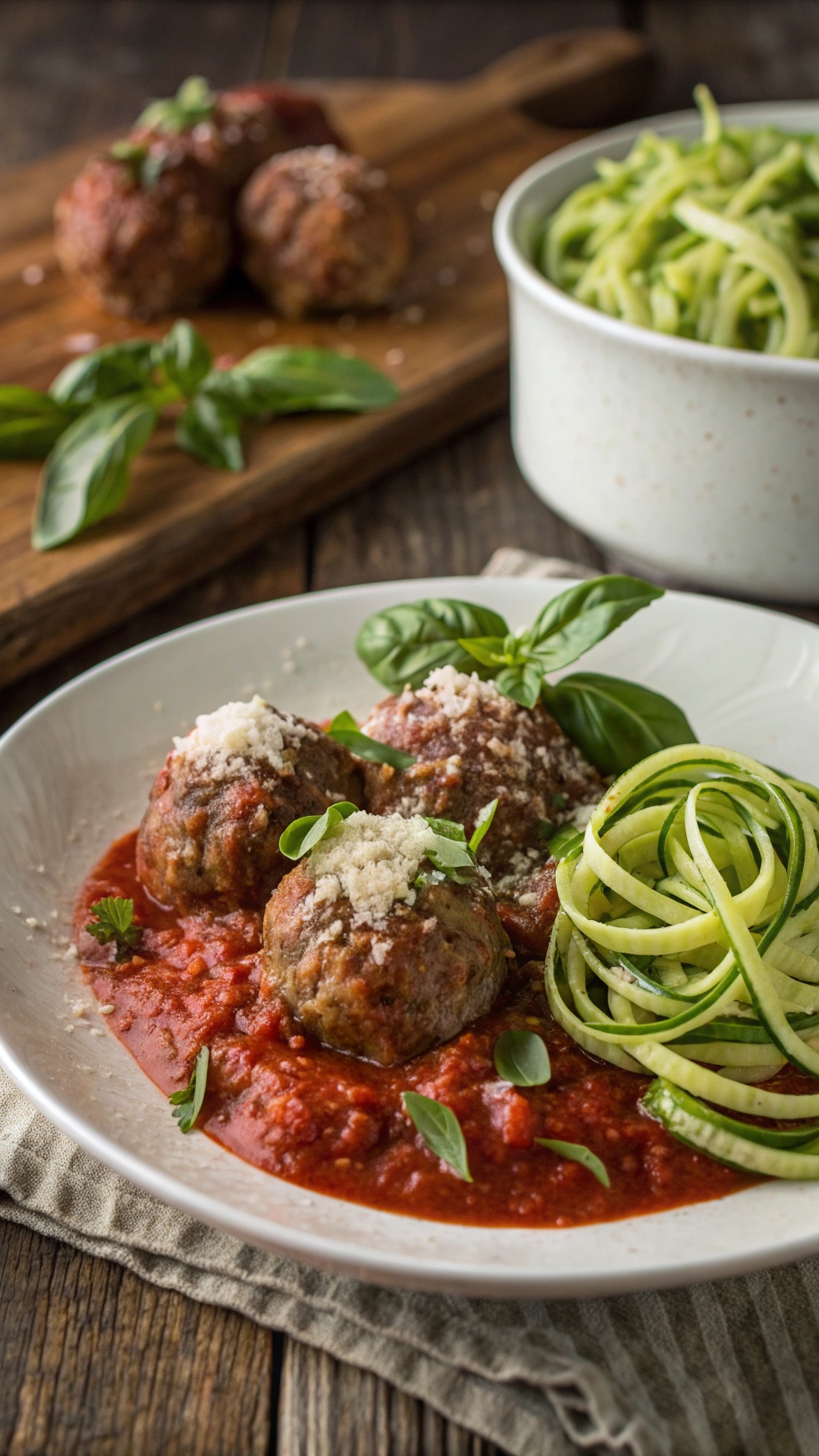 Plate of keto meatballs in marinara sauce with zoodles and fresh basil