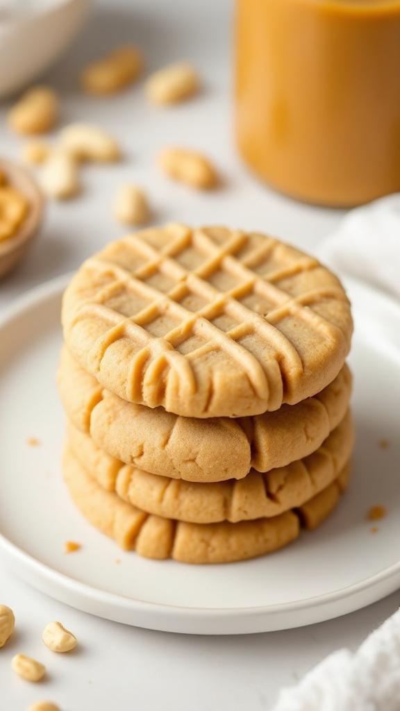 A stack of peanut butter cookies on a plate with some peanuts scattered around.