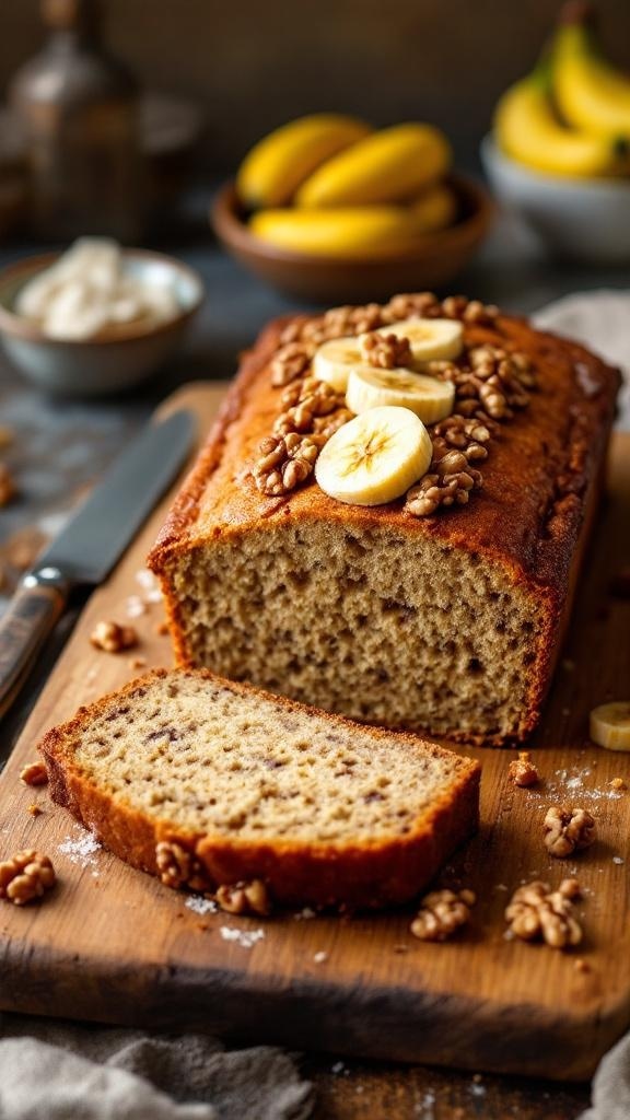 A loaf of low-sugar banana bread topped with banana slices and walnuts, with a slice cut out, sitting on a wooden board.
