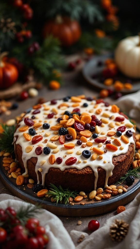 A beautifully decorated no-bake fruitcake topped with dried fruits and nuts, surrounded by festive decorations.