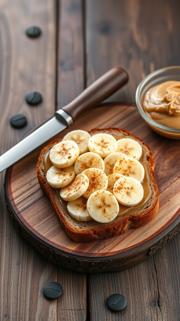 A slice of toast topped with peanut butter and banana slices on a wooden cutting board.