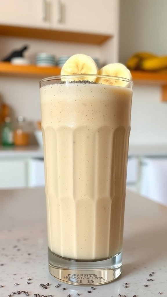 A glass of peanut butter banana smoothie topped with banana slices.