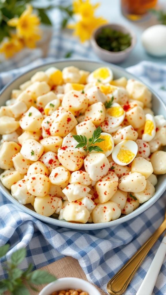A bowl of classic potato salad with hard-boiled eggs and paprika garnish.