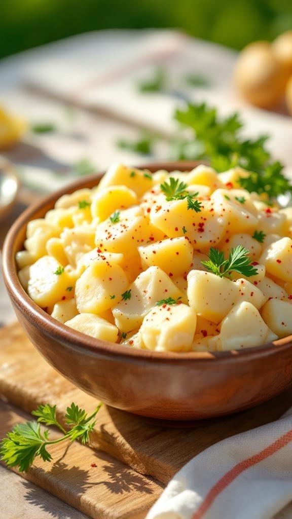 A bowl of classic potato salad with creamy dressing, garnished with parsley and paprika.