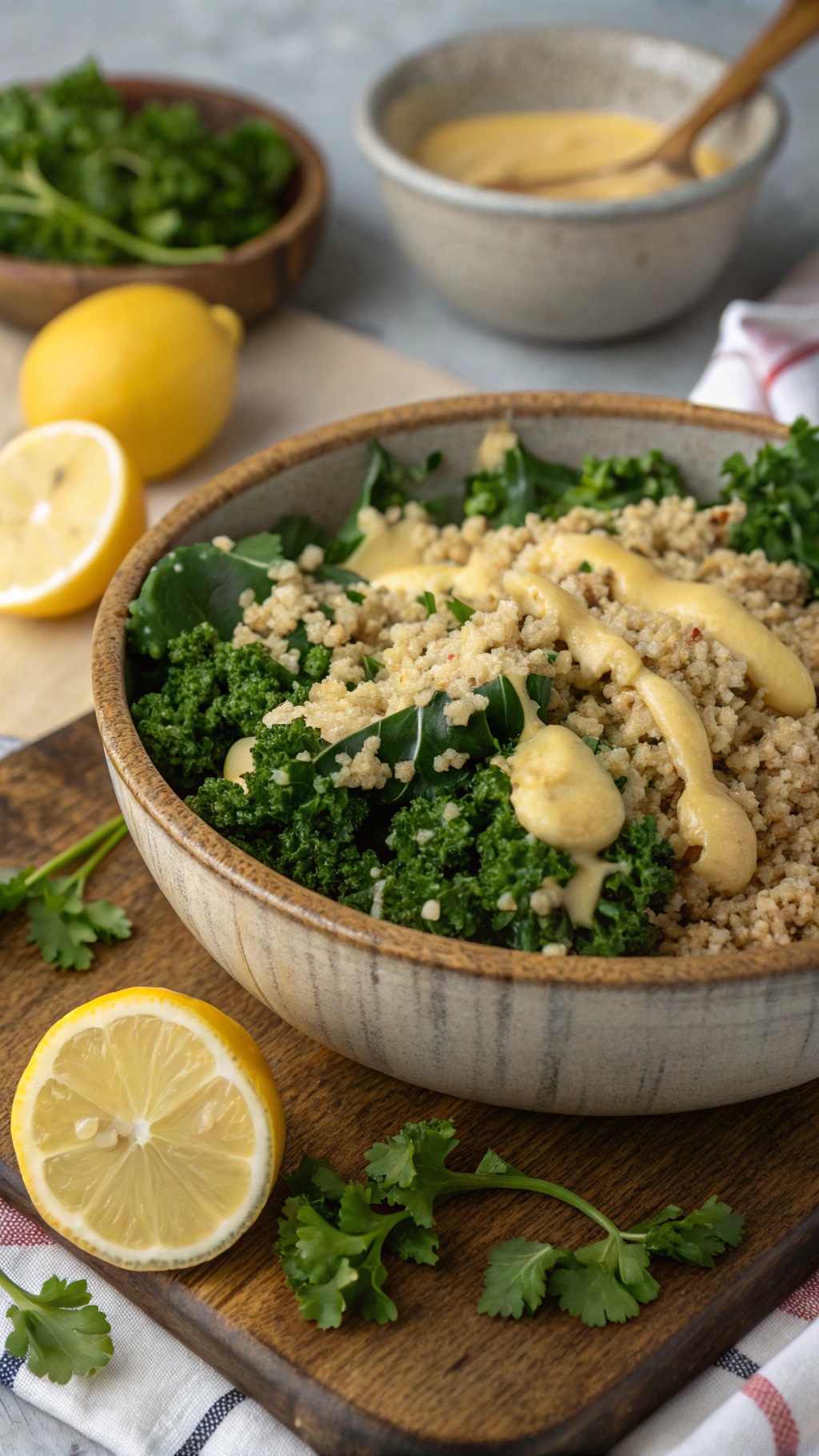 A bowl of quinoa and kale salad topped with honey mustard dressing, fresh lemon, and cilantro.