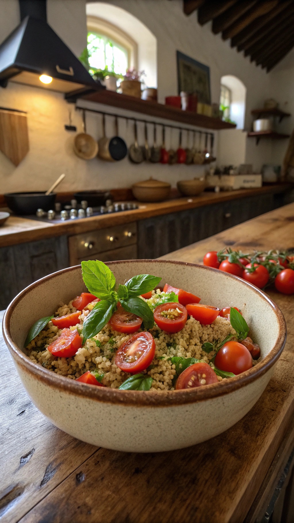 A bowl of quinoa salad with cherry tomatoes and basil in a cozy kitchen setting.
