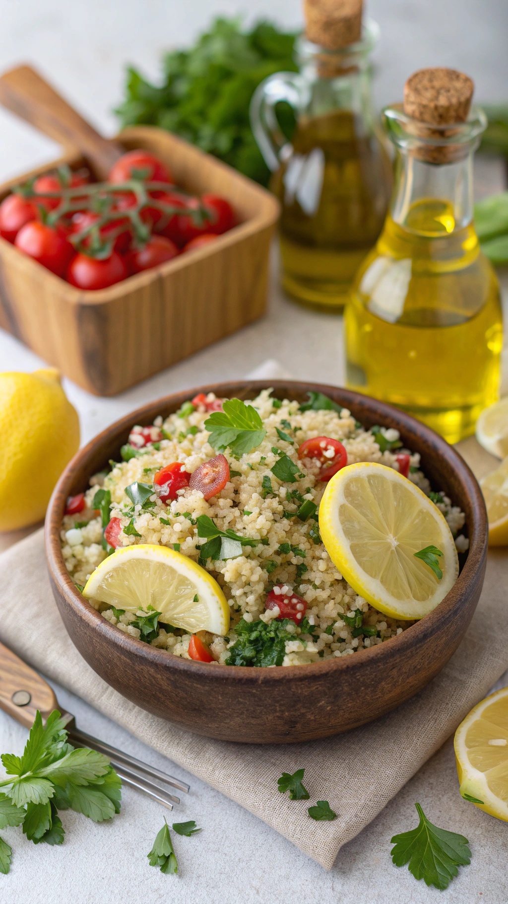A bowl of quinoa salad with lemon slices and cherry tomatoes, garnished with parsley.