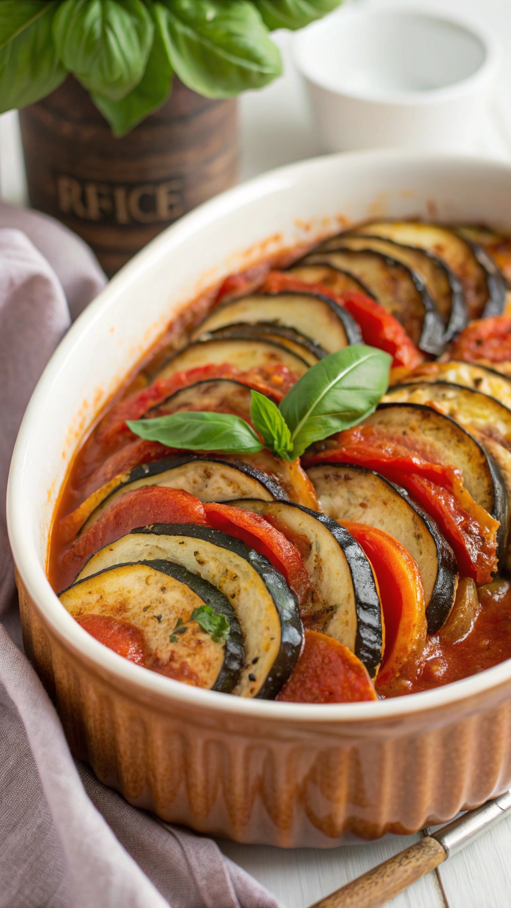 A colorful dish of classic ratatouille with layers of vegetables.