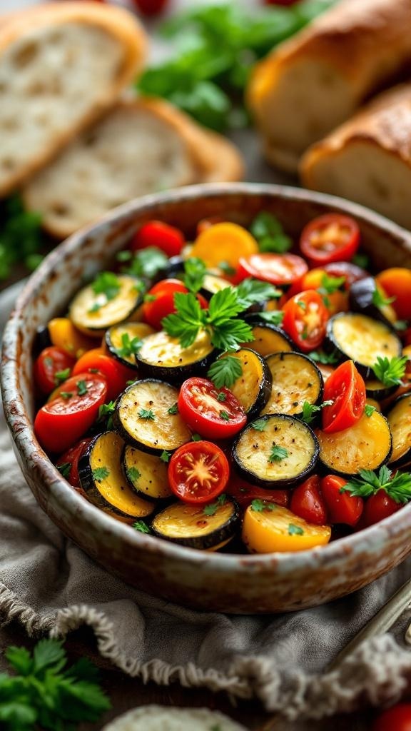 A bowl of colorful ratatouille with zucchini, cherry tomatoes, and parsley, accompanied by crusty bread.