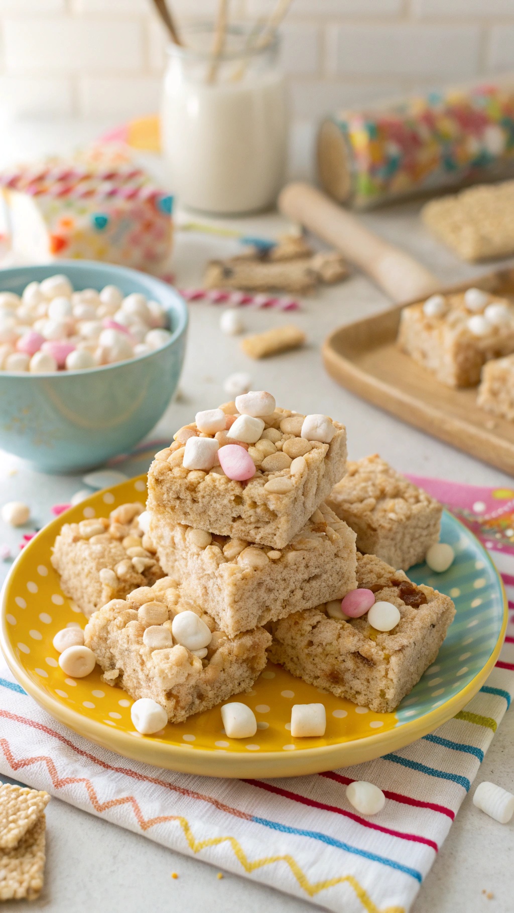 A plate of Rice Krispies treats topped with mini marshmallows, surrounded by colorful decorations.
