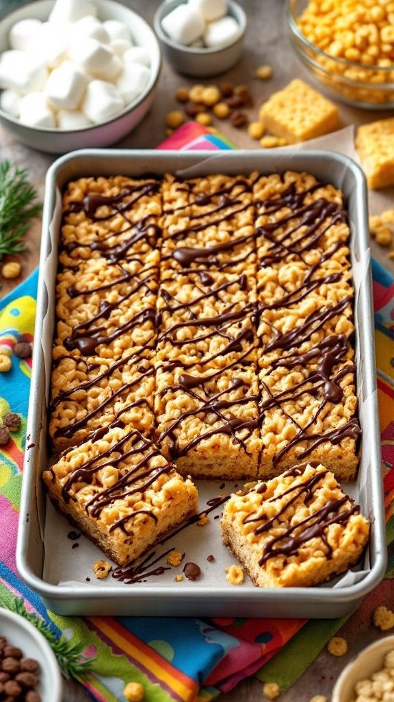 Peanut Butter Rice Crispy Treats in a baking pan, drizzled with chocolate.