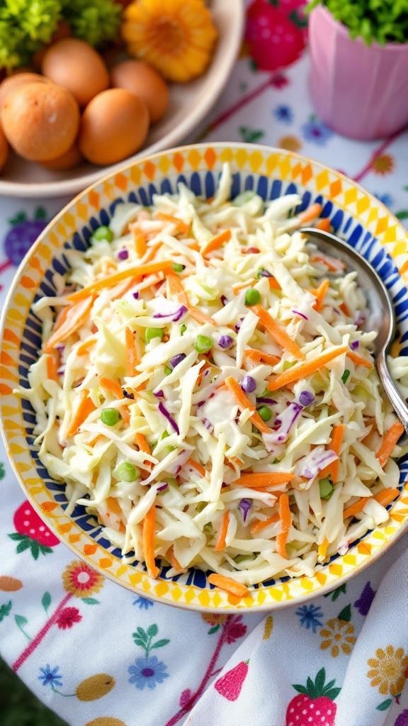 Bowl of classic Southern coleslaw with colorful shredded cabbage and carrots