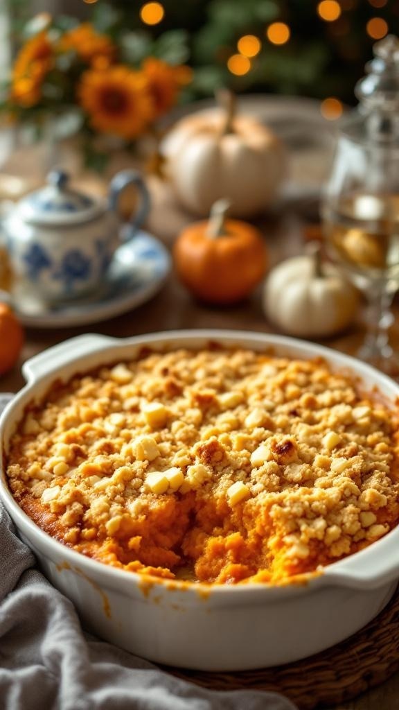 A classic Southern style sweet potato casserole topped with a crunchy layer, surrounded by seasonal decorations.