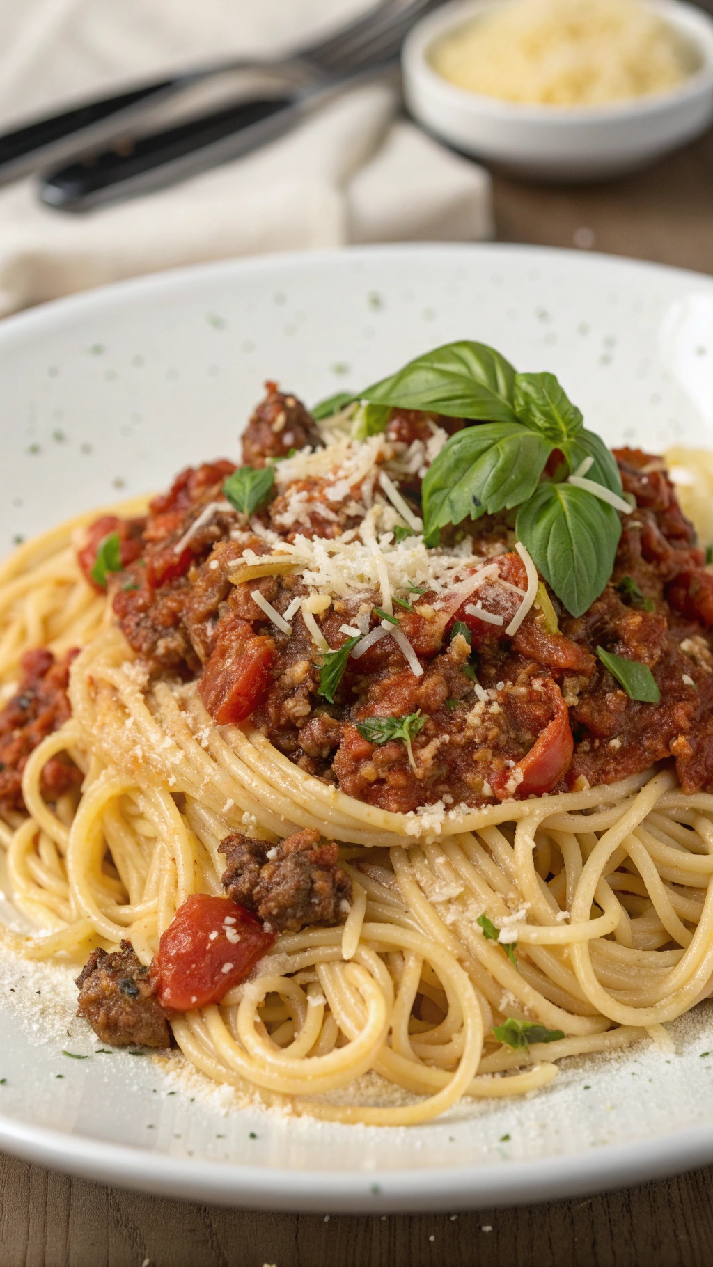 A plate of spaghetti topped with rich meat sauce, garnished with fresh basil and grated cheese.