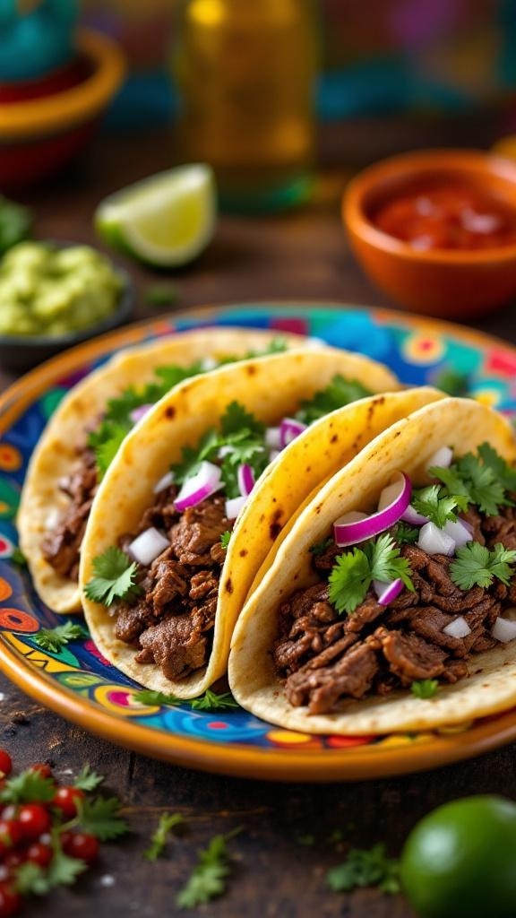 Three classic steak tacos with toppings on a colorful plate