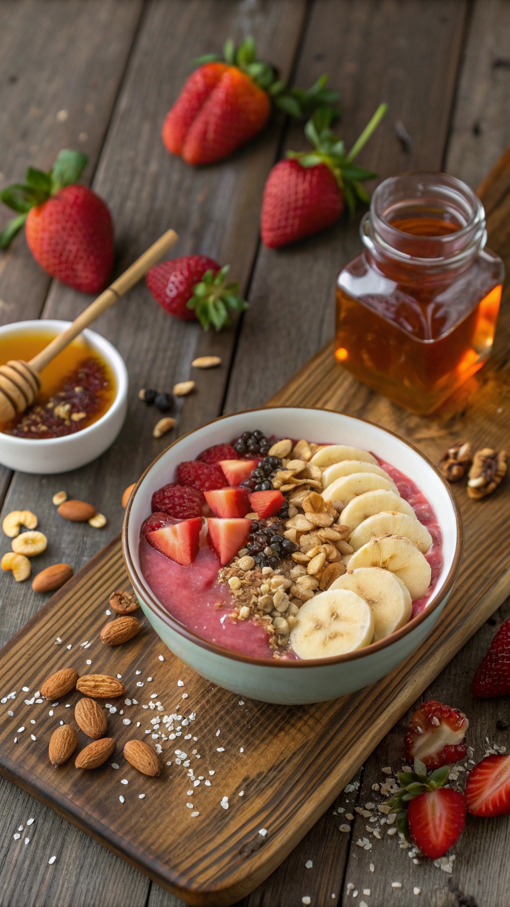 A delicious strawberry banana smoothie bowl topped with fresh fruit, granola, and honey.