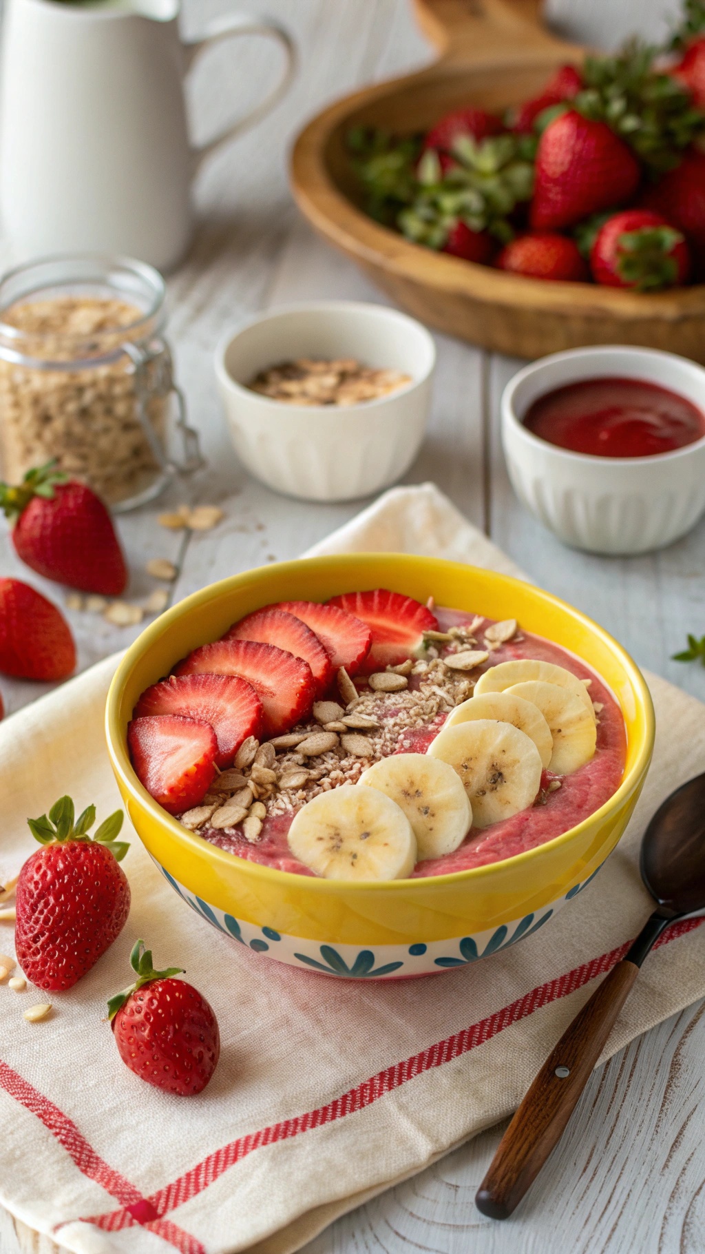 A colorful strawberry banana smoothie bowl topped with sliced strawberries, bananas, and oats, surrounded by fresh strawberries and ingredients.