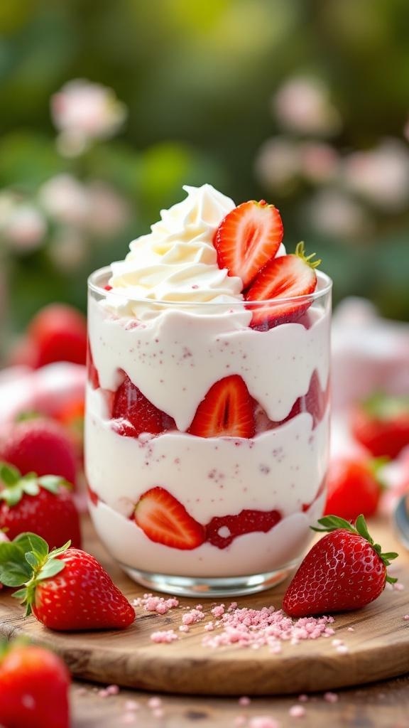 A glass of strawberry shortcake chia pudding layered with fresh strawberries and whipped cream.