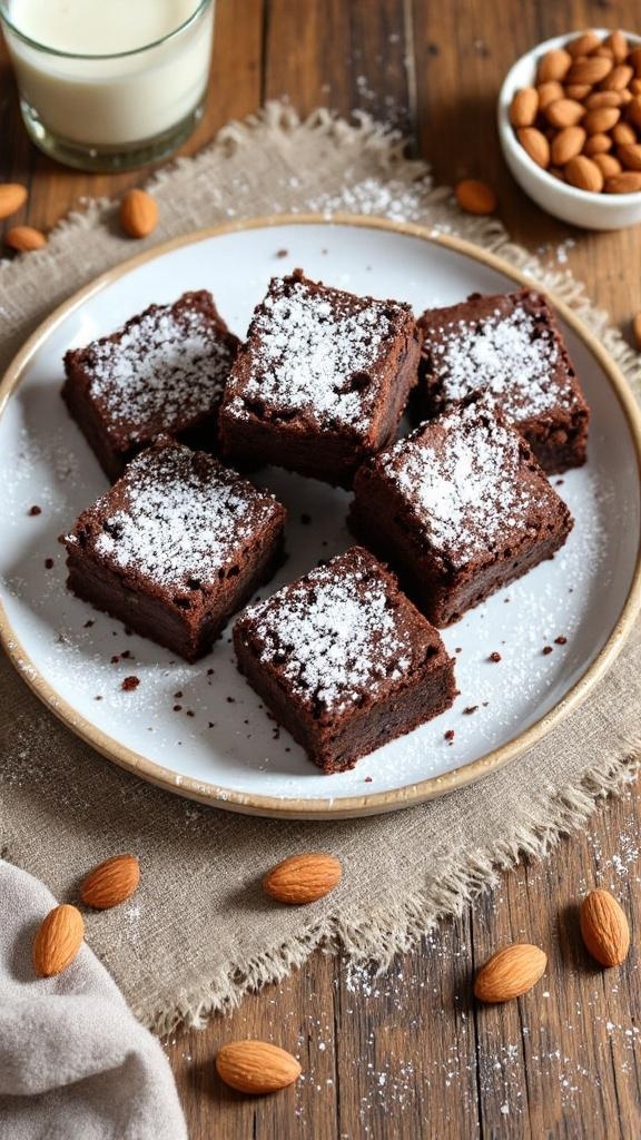 A plate of almond flour brownies dusted with powdered sugar, surrounded by whole almonds and a glass of milk.
