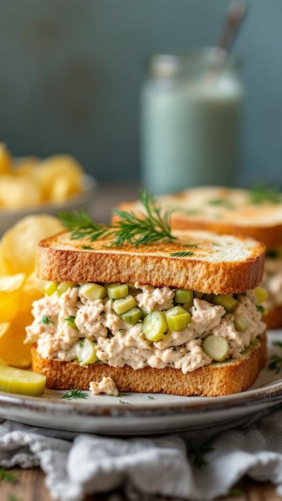 A classic tuna salad sandwich with celery and dill, served with chips and pickles.