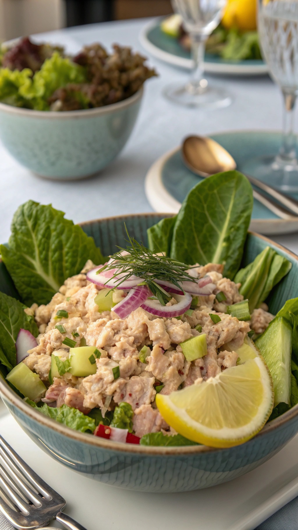 A bowl of classic tuna salad with lettuce, celery, and lemon slices.