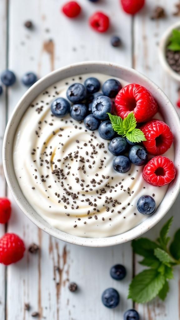 Bowl of vanilla chia seed pudding topped with blueberries, raspberries, and mint leaves on a wooden table.