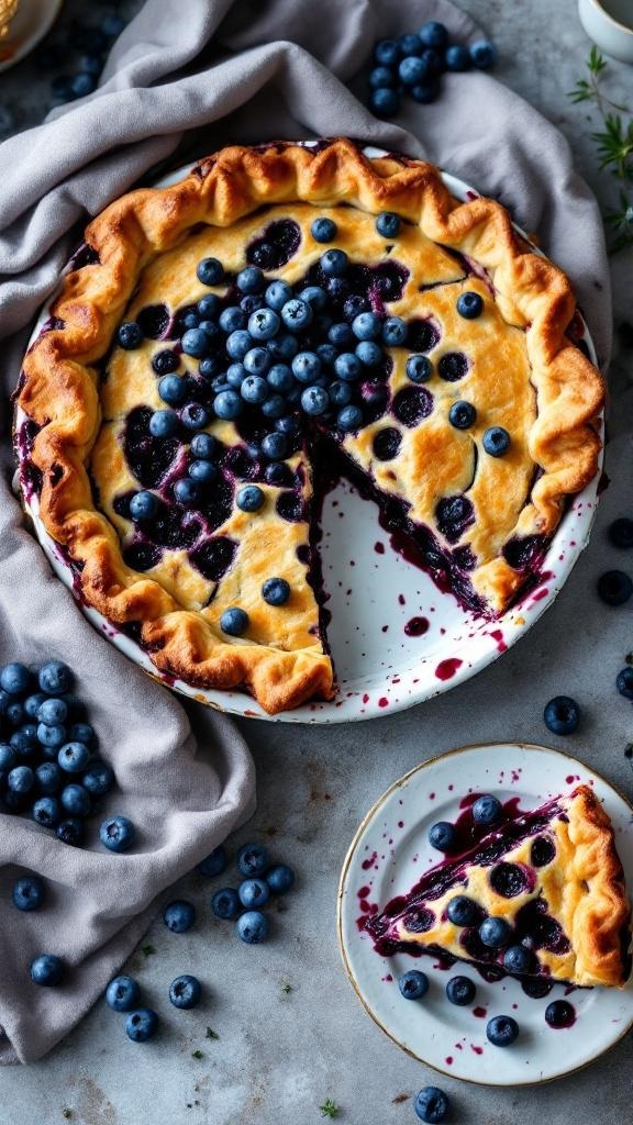 A delicious vegan blueberry pie with a golden crust and fresh blueberries on top.